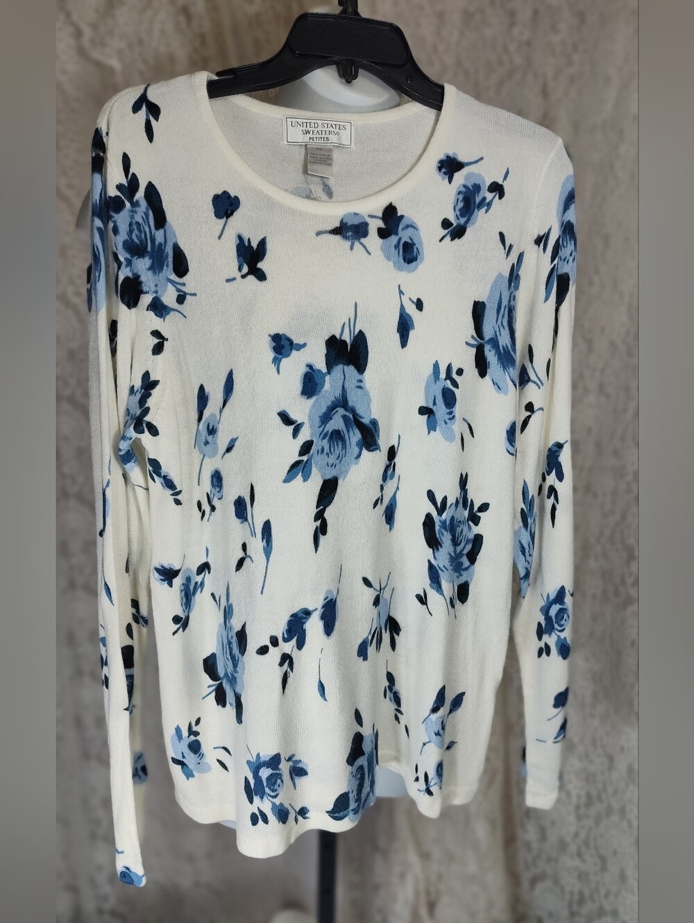 united states sweaters Cream Long-Sleeve Top with Blue Floral Print
